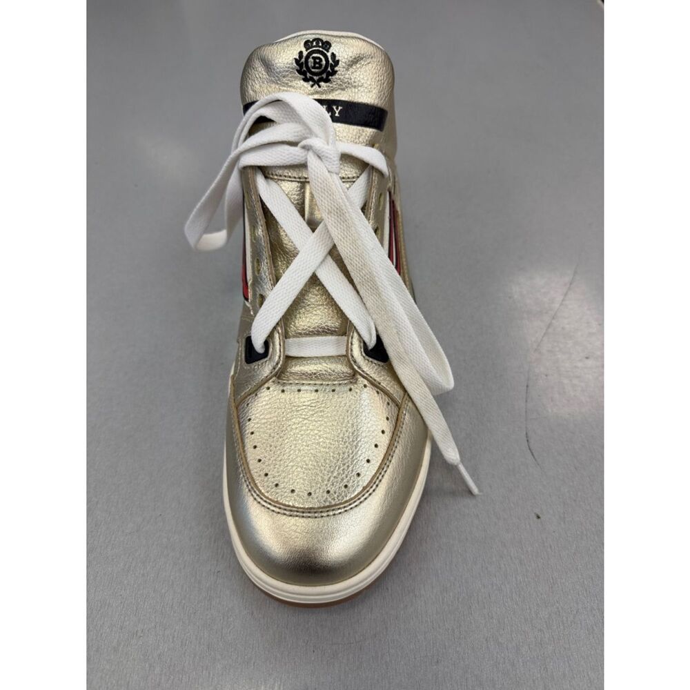 Bally Gold Leather Men’s Sneaker with White Laces - Designer Crest Detail